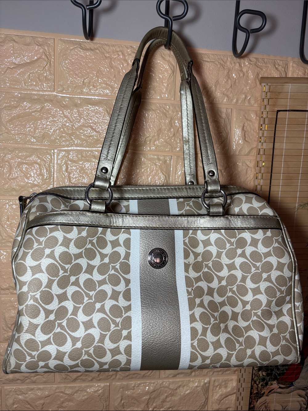 Coach Chelsea Heritage Signature Stripe Satchel Bag in Light Khaki and Silver - Picture 14 of 17